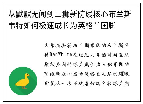 从默默无闻到三狮新防线核心布兰斯韦特如何极速成长为英格兰国脚