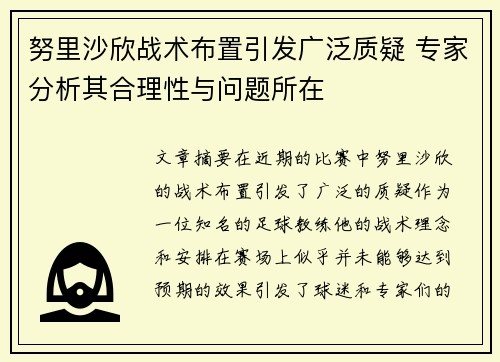 努里沙欣战术布置引发广泛质疑 专家分析其合理性与问题所在 努里沙欣战术布置引发广泛质疑 专家分析其合理性与问题所在